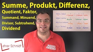 Summand Summe Minuend Subtrahend Differenz Faktor Produkt Dividend Divisor Quotient [upl. by Ellehcer]